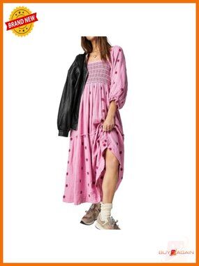 Floral Embroidered Maxi Dress Puff Sleeve Square Neck Boho Flowy with Pockets